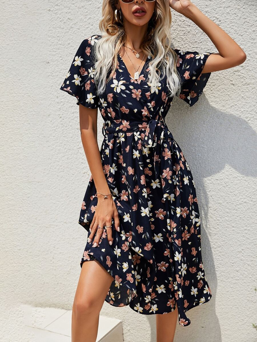 SHEIN Clasi Flutter Sleeve Belted Dress Maxi Women Outfit