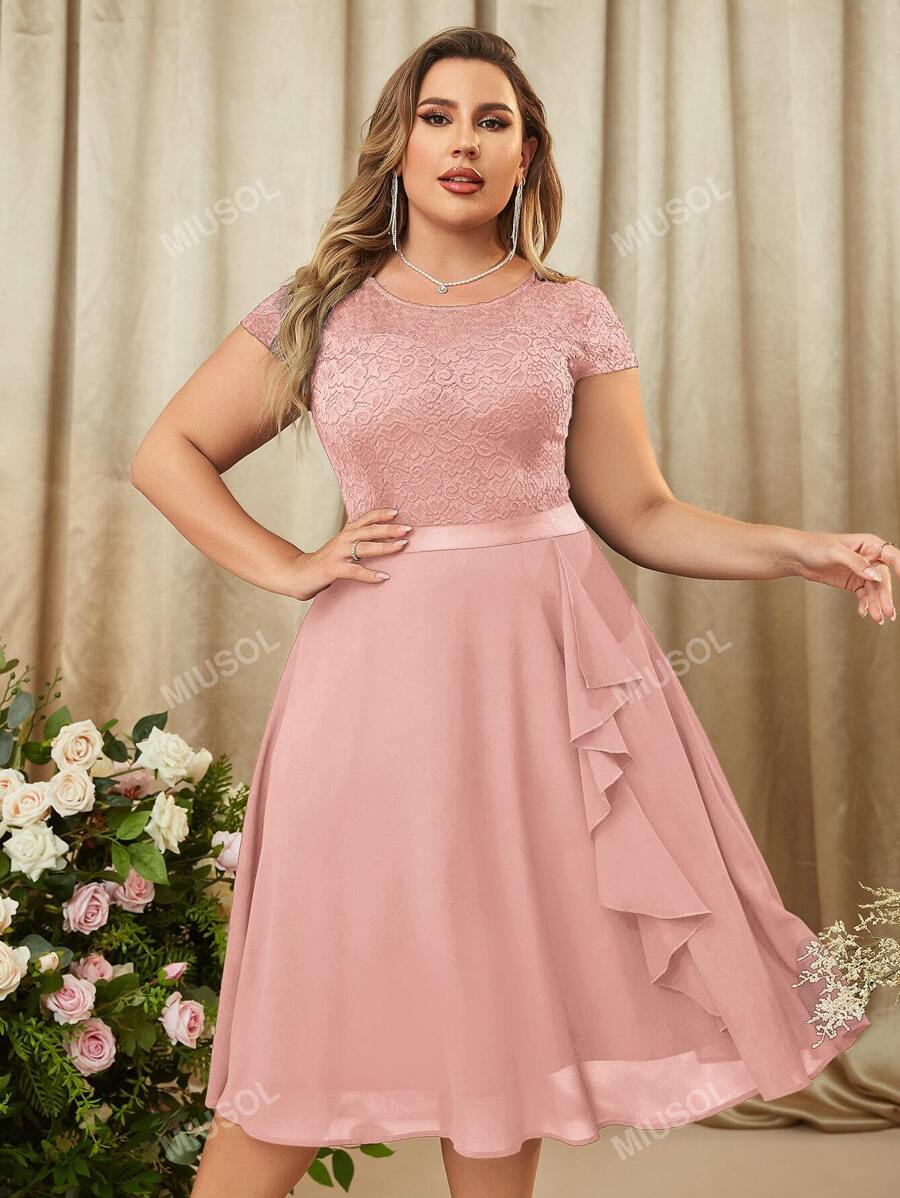 MIUSOL Plus Ruffle Trim Contrast Floral Lace Cocktail Party Swing Dress