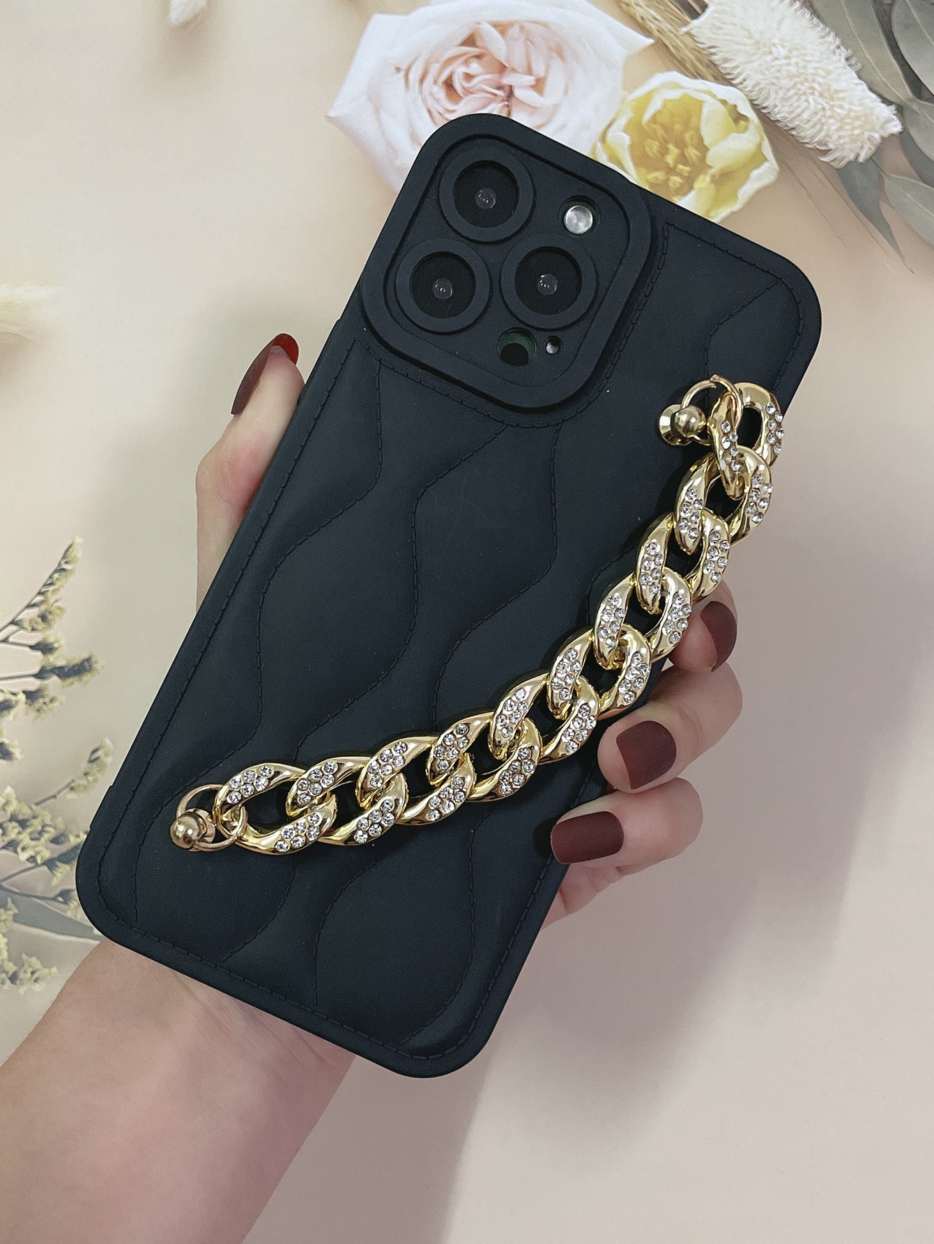 Solid Phone Case With Chain Hand Strap