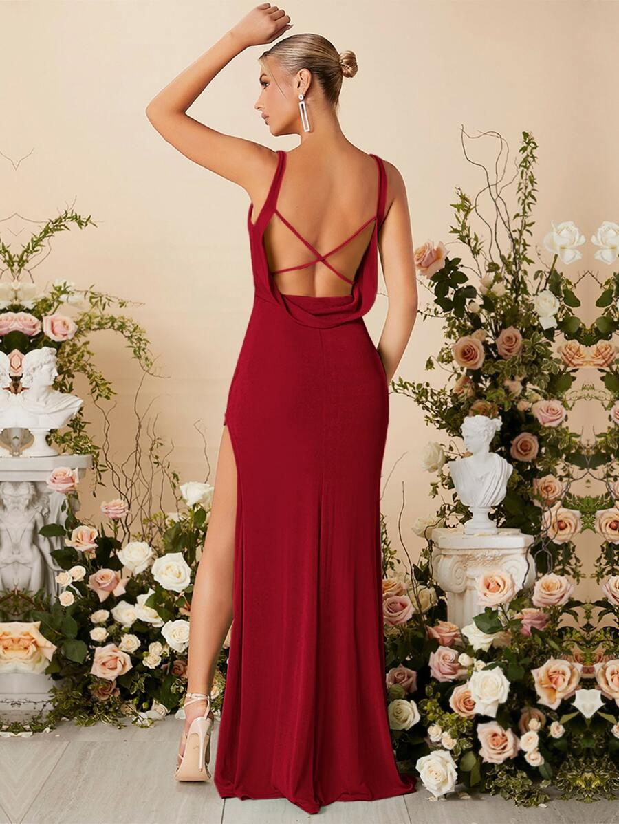SHEIN Belle 1 pièce Robe de demoiselle d'honneur bourgogne rouge drapée avec croisement dans le dos, fente à la cuisse