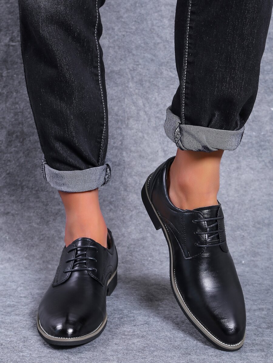 Men's Formal Pointed Toe Low-Cut Lace Up Low Heel Leather Shoes, Youth Business Casual Oxford Shoes