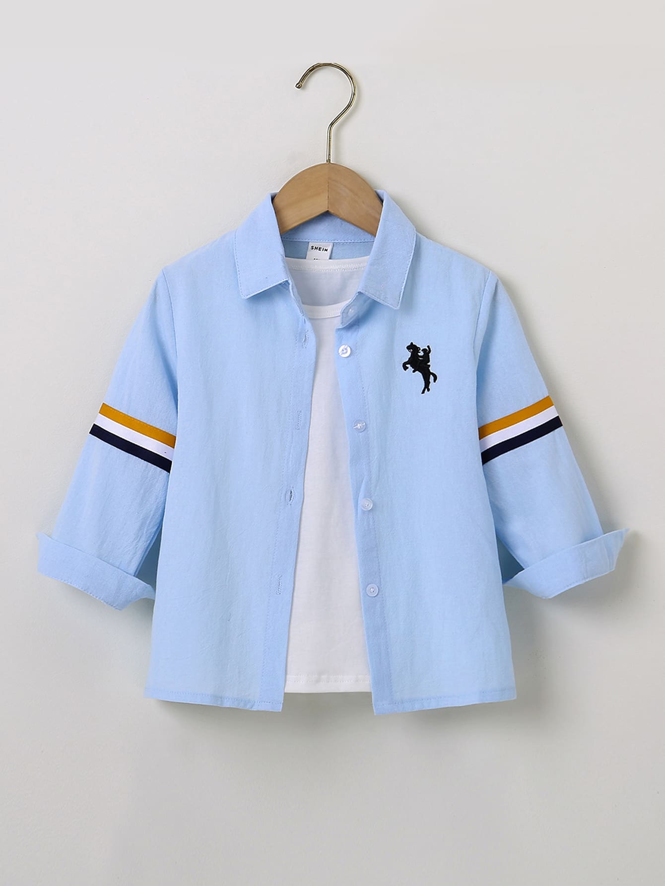Toddler Boys Horse Embroidery Contrast Striped Tape Shirt
