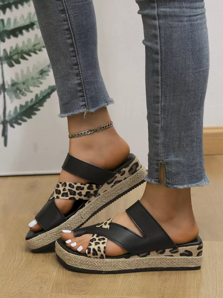 Leopard Print Espadrille Flatform Thong Sandals, Black Espadrilles With Leopard Print, Women's Wedge Heeled Sandals With Thick Soles For Vacation