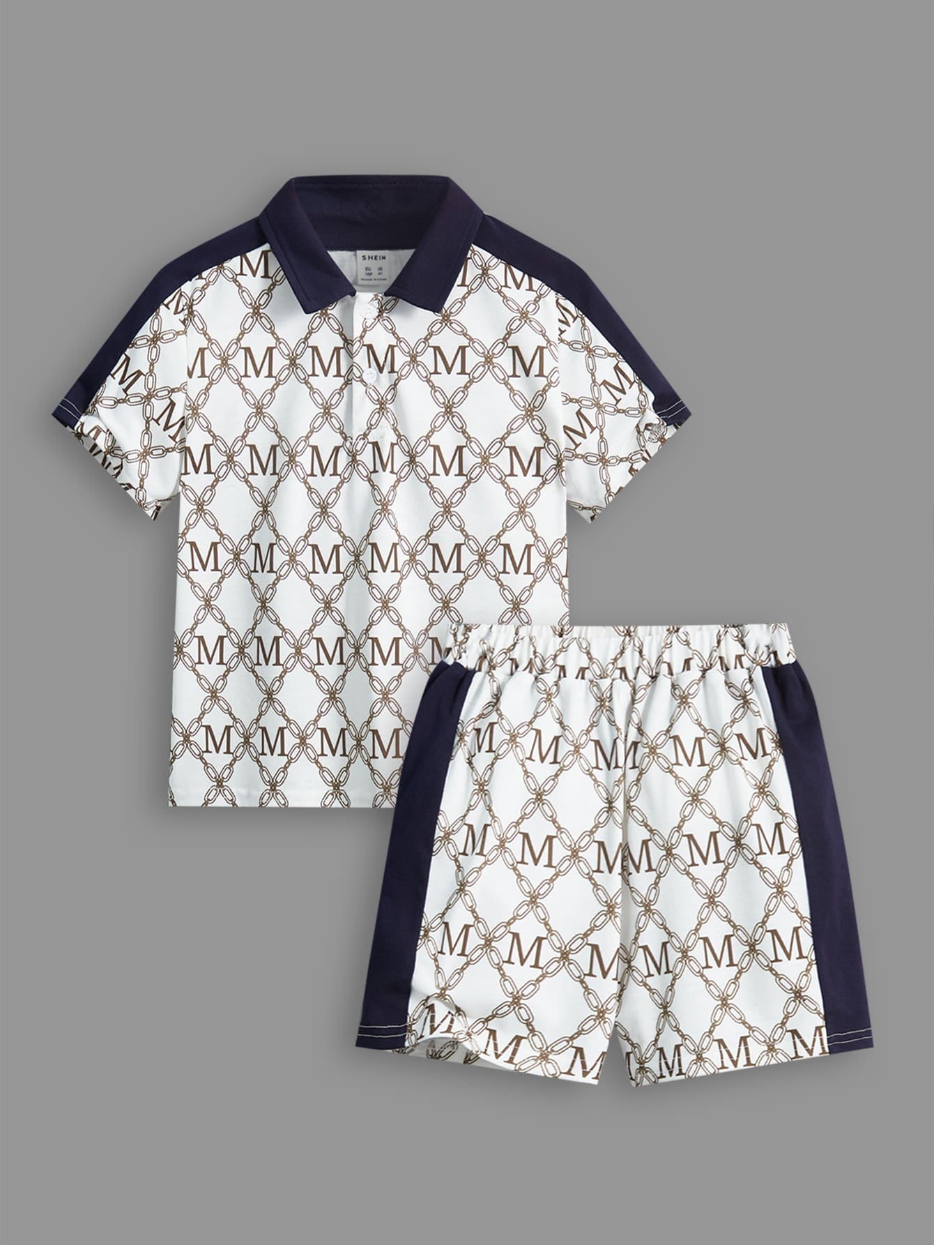 SHEIN Young Boy Letter & Chain Print Contrast Collar Polo Shirt & Shorts
