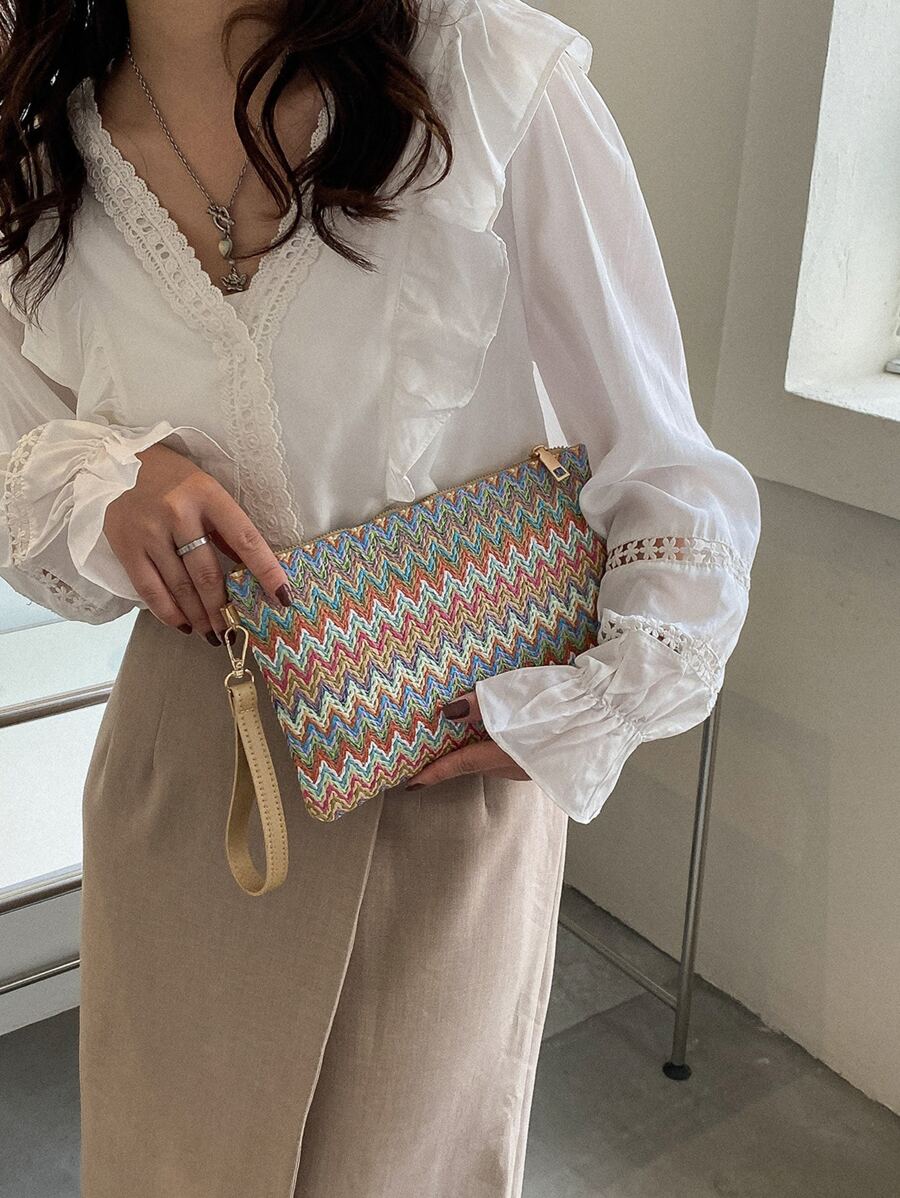Woven Chevron Pattern Straw Bag With Wristlet For Festivals/Vacation/Holiday, Perfectly Matching With Vacation Outfits Women, Summer Straw Beach Bag For Women, Hottest Beach Bags For Women, Fashion Summer Vacation Bag, Beach Essentials Women Bags For Vacation & Holiday, Newest Holiday Bag