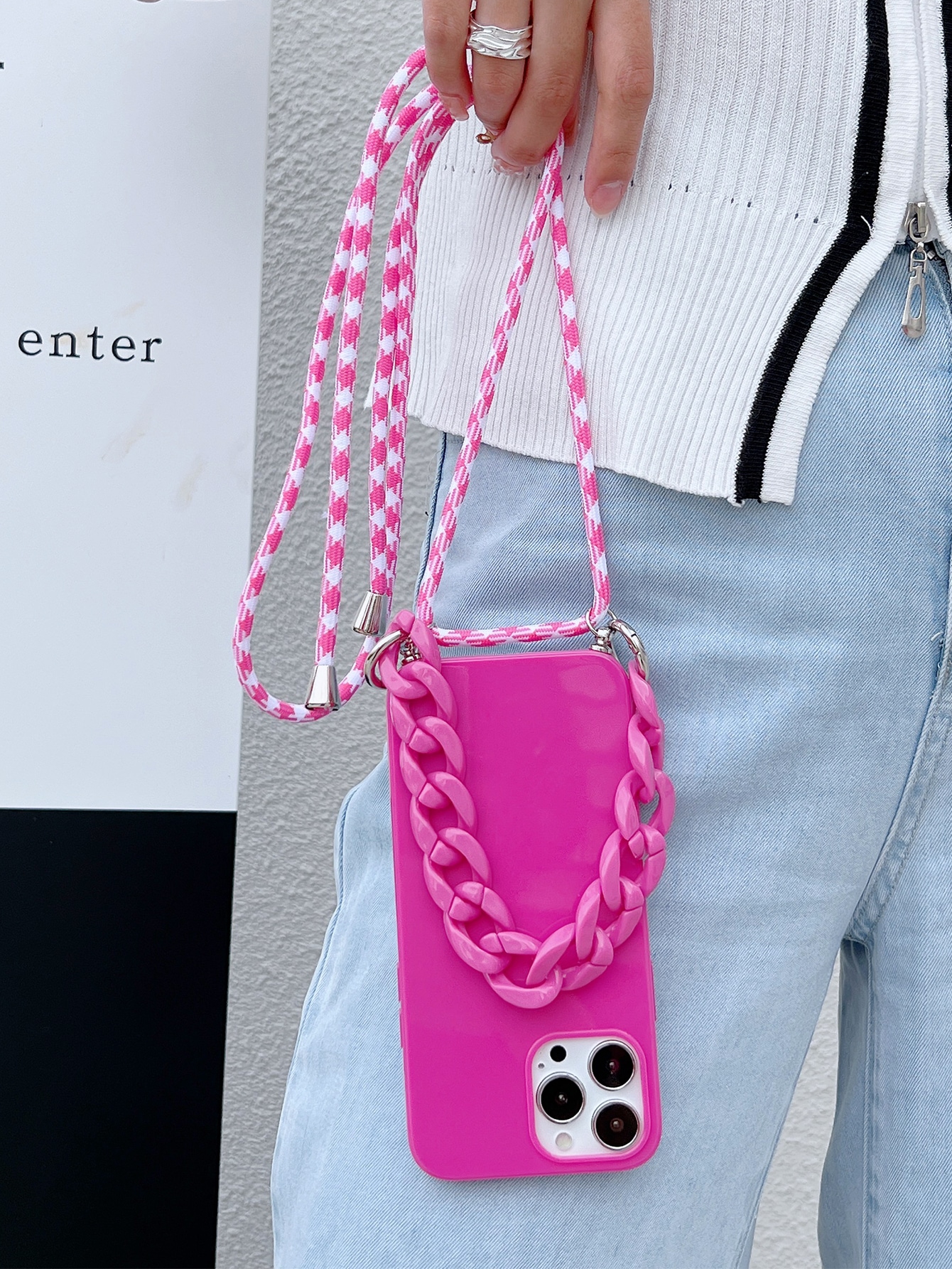 Solid Phone Case With Chain Hand Strap & Lanyard