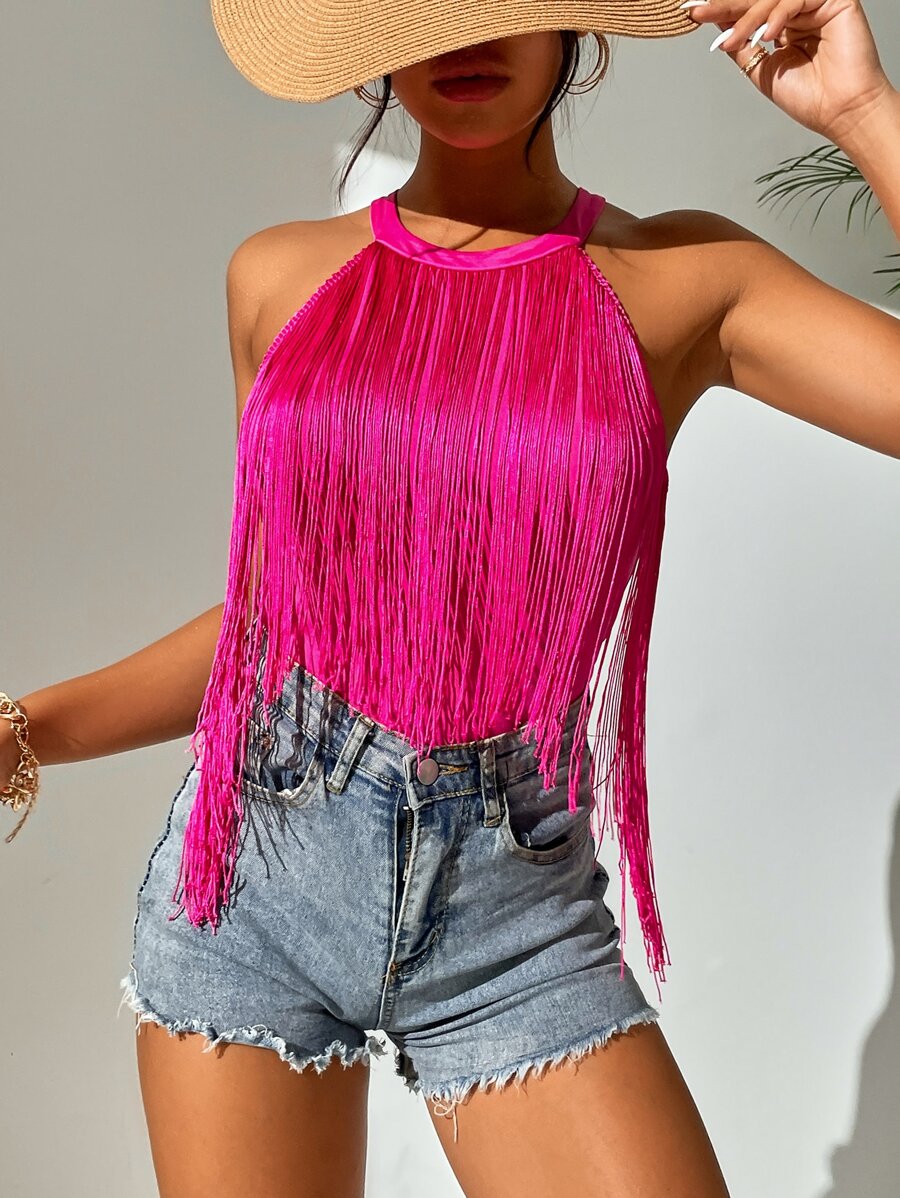 SHEIN VCAY Solid Fringe Halter Top