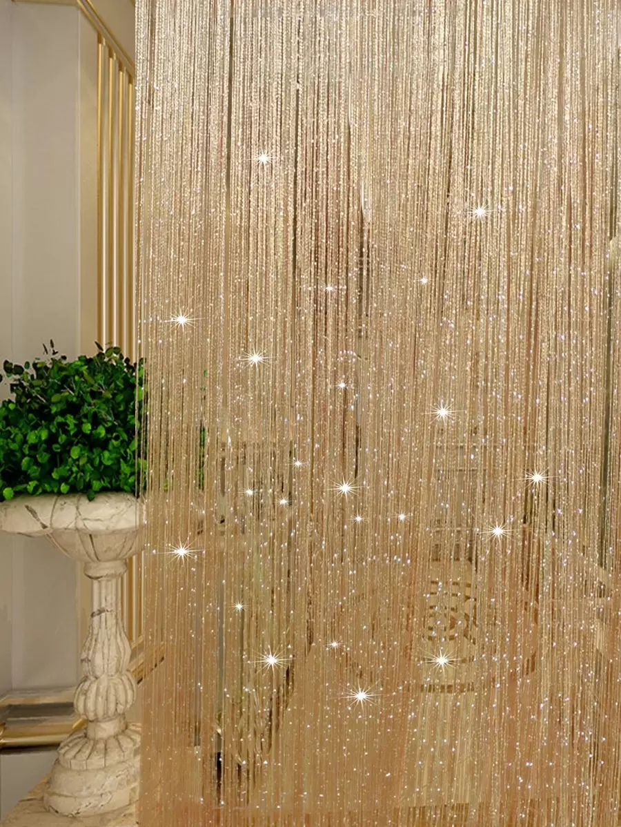 1pc Golden Door Curtain, Fashion Polyester Sparkling Ribbon Thread Fringe Room Dividers Window Panel Fly Screen Home Decor