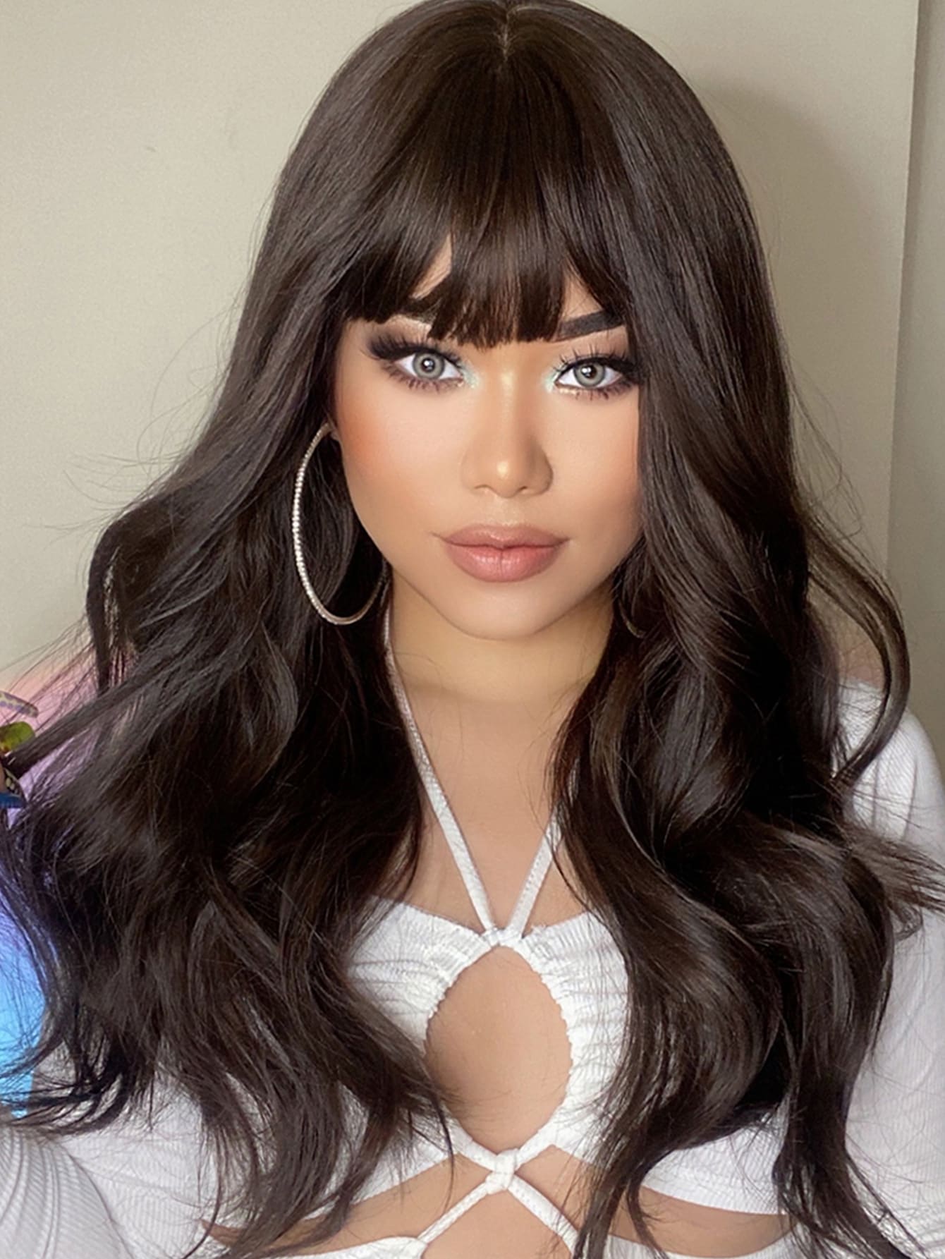 HAIRCUBE HAIRCUBE 26 Inch Dark Brown Synthetic Wigs for Women, Long Curly Wig with Bangs, Natural Looking Wigs Daily Use