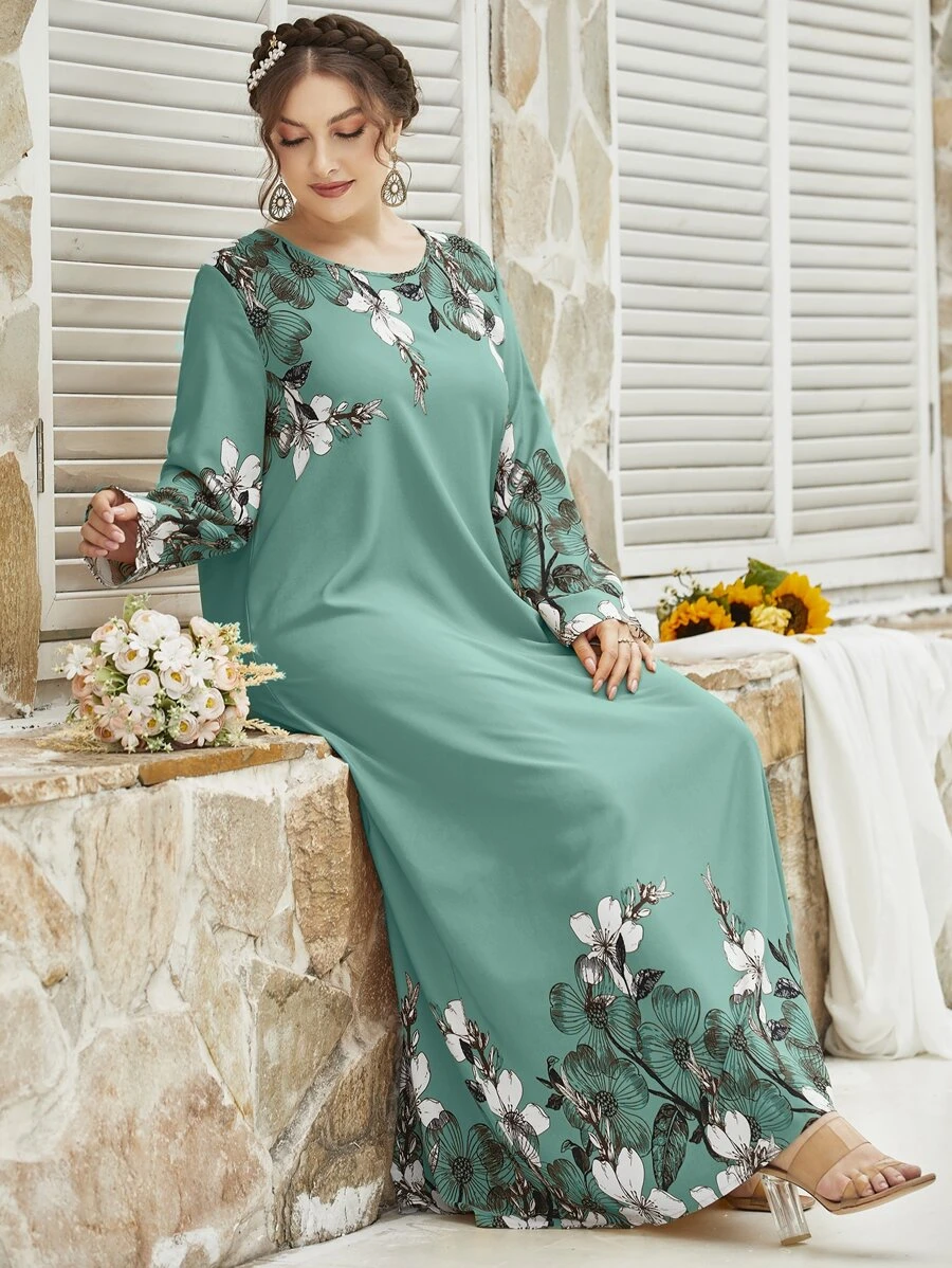 Al Najma Vestido modesto de manga larga con estampado floral para tallas grandes