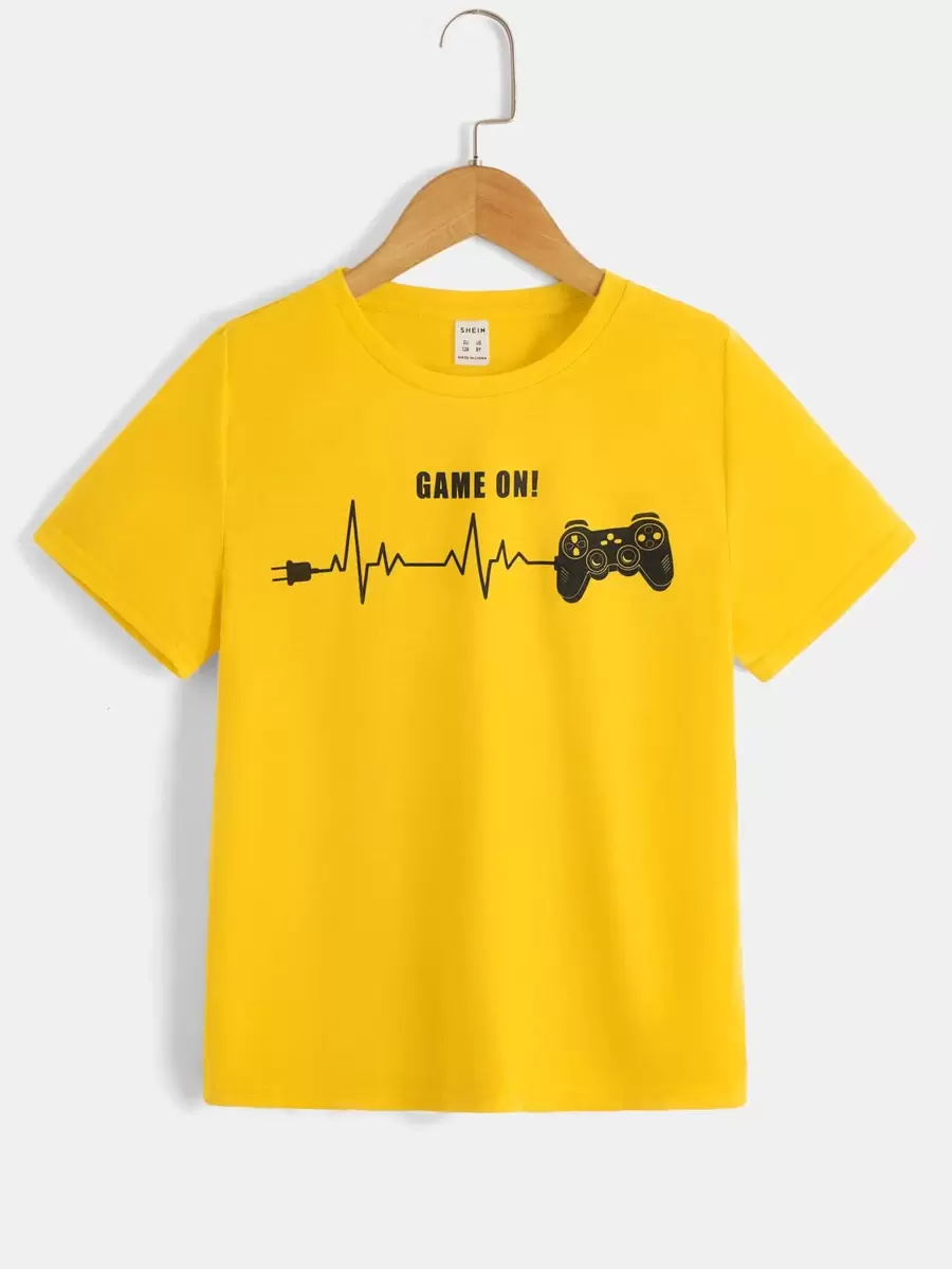 SHEIN Tween Boys' Game Controller & Letter Pattern T-Shirt, Minimalist, Comfortable, Casual, Suitable For Daily Summer Wear