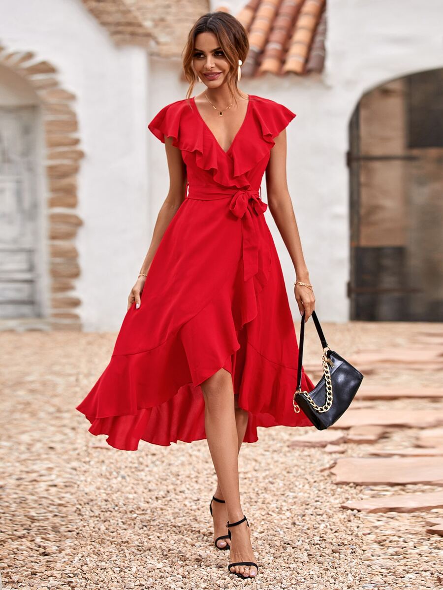 Breezaya Solid Ruffle Trim Belted Wrap Dress For New Year Clothes Maxi Vacation Beach Outfits Women
