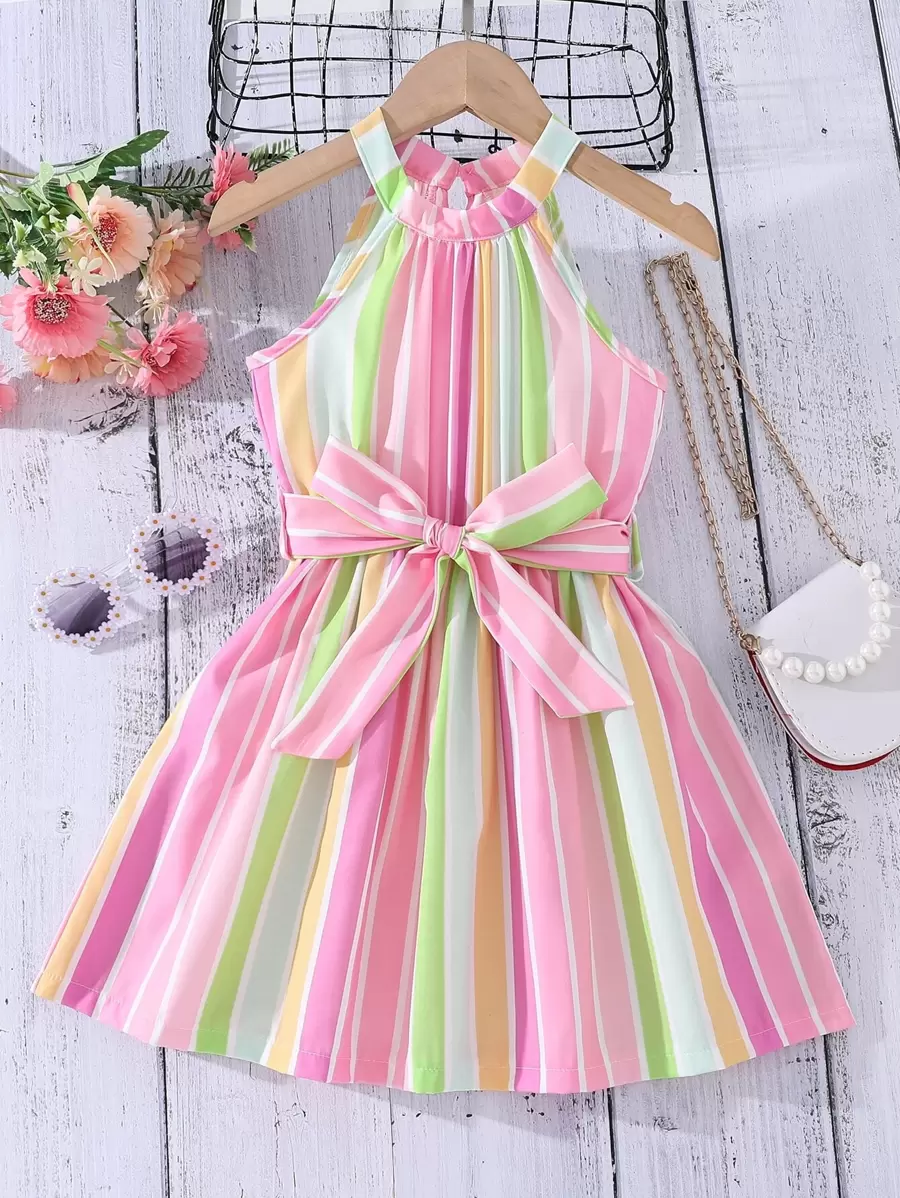 SHEIN Meninas pequenas Vestido com cinto Bloco Listrado Sem Mangas
