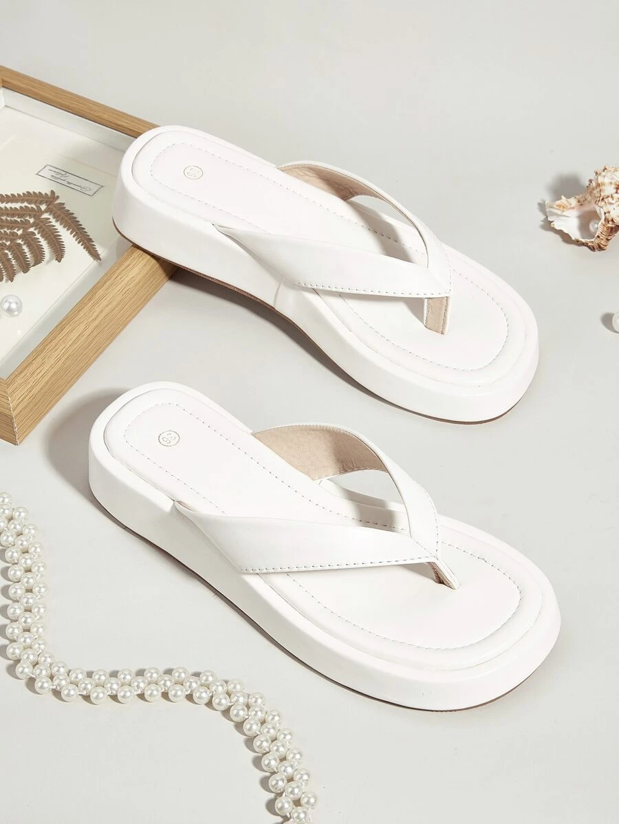 Pure White Soft Non-Slip Quality Leather Flip Flops, Fashionable New Thick Sole Slippers, Comfortable And Versatile For Indoor And Outdoor Wear, Suitable For All Seasons, Wedge Heels