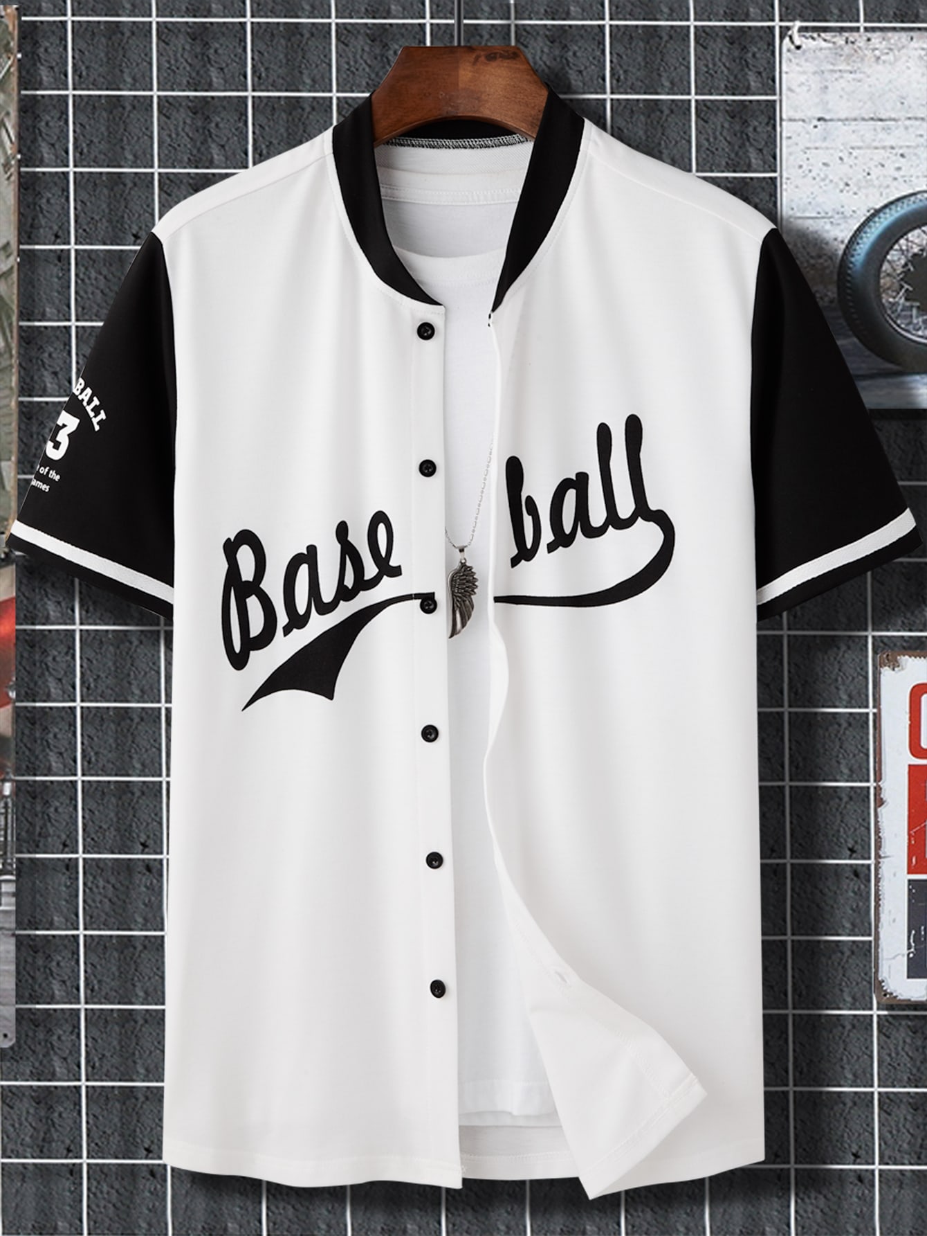 men-letter-graphic-striped-trim-baseball-collar-shirt-without-tee