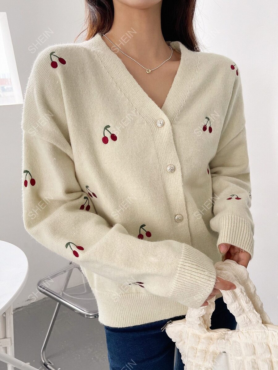 DAZY Cardigan cu umeri căzuți și broderie de cireșe, bluze cu mânecă lungă, haine de toamnă