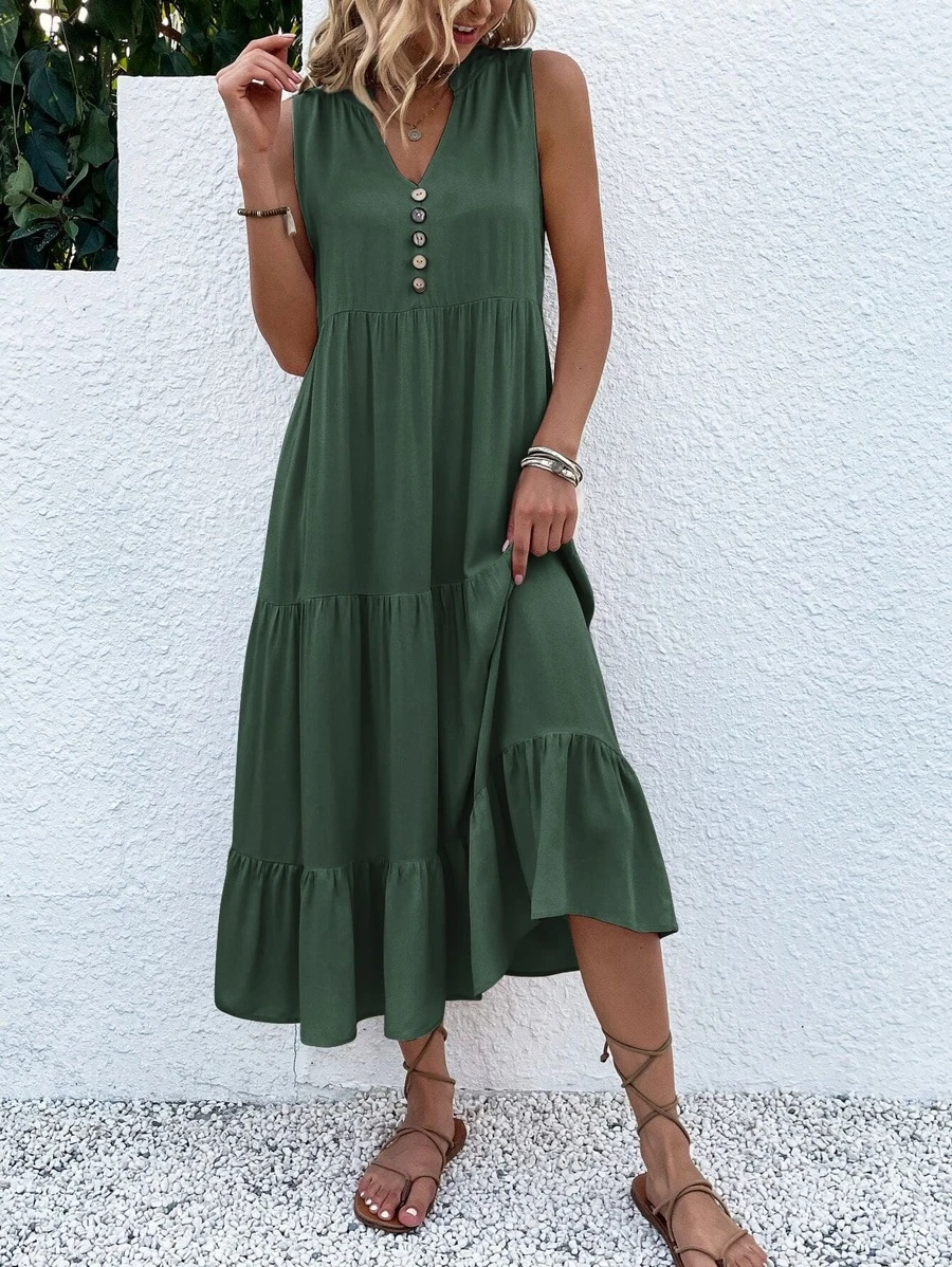 Breezaya Button Detail Layered Hem Smock Dress Maxi Vacation Beach Outfits Women