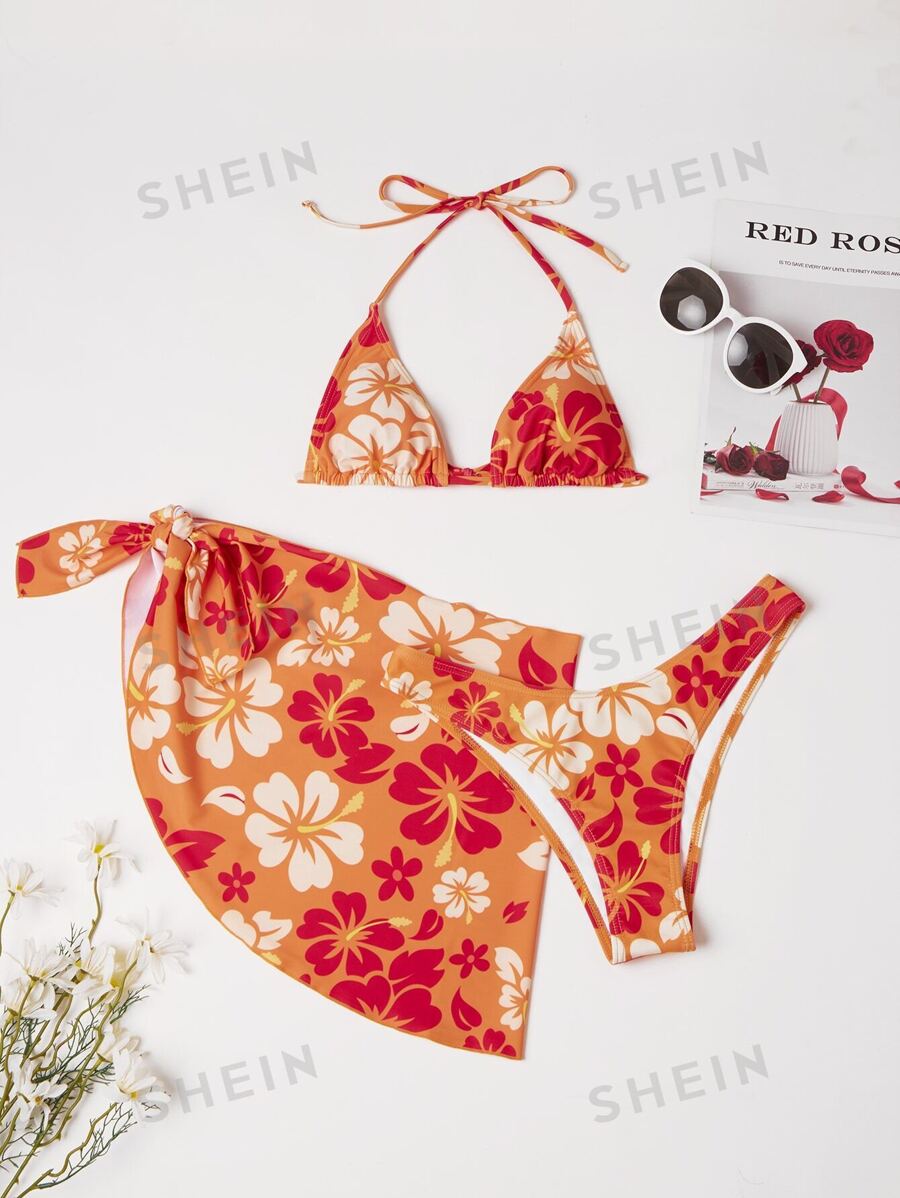 Swim Mod Summer Beach 3 Paquetes De Bikini Microtriangular Floral Y Falda De Playa