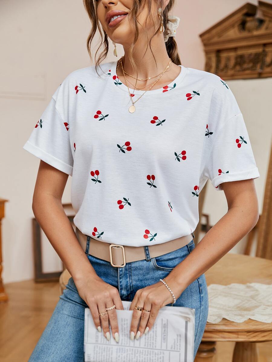 SHEIN Frenchy Strawberry Print Drop Shoulder Tee For Summer Women's Summer Solid Color V-Neck Short Sleeve Casual T-Shirt, Fall Clothes, Back To School Clothes, Teacher Outfits, Usa Top, Old Money Style, White Women Dresses, Teacher T Shirt