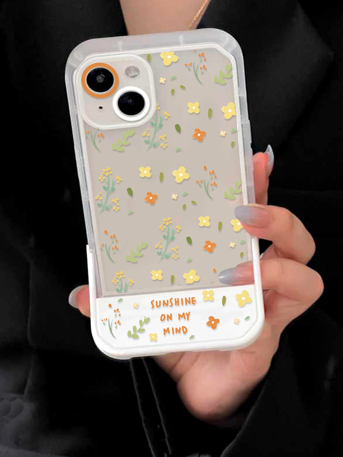 Flower & Letter Graphic Clear Phone Case With Invisible Holder