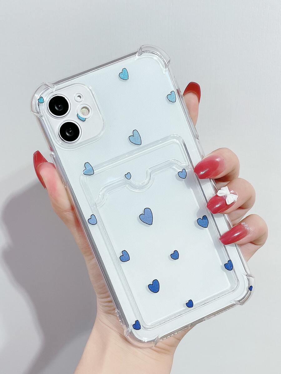 Heart Print Clear Phone Case With Card Slot