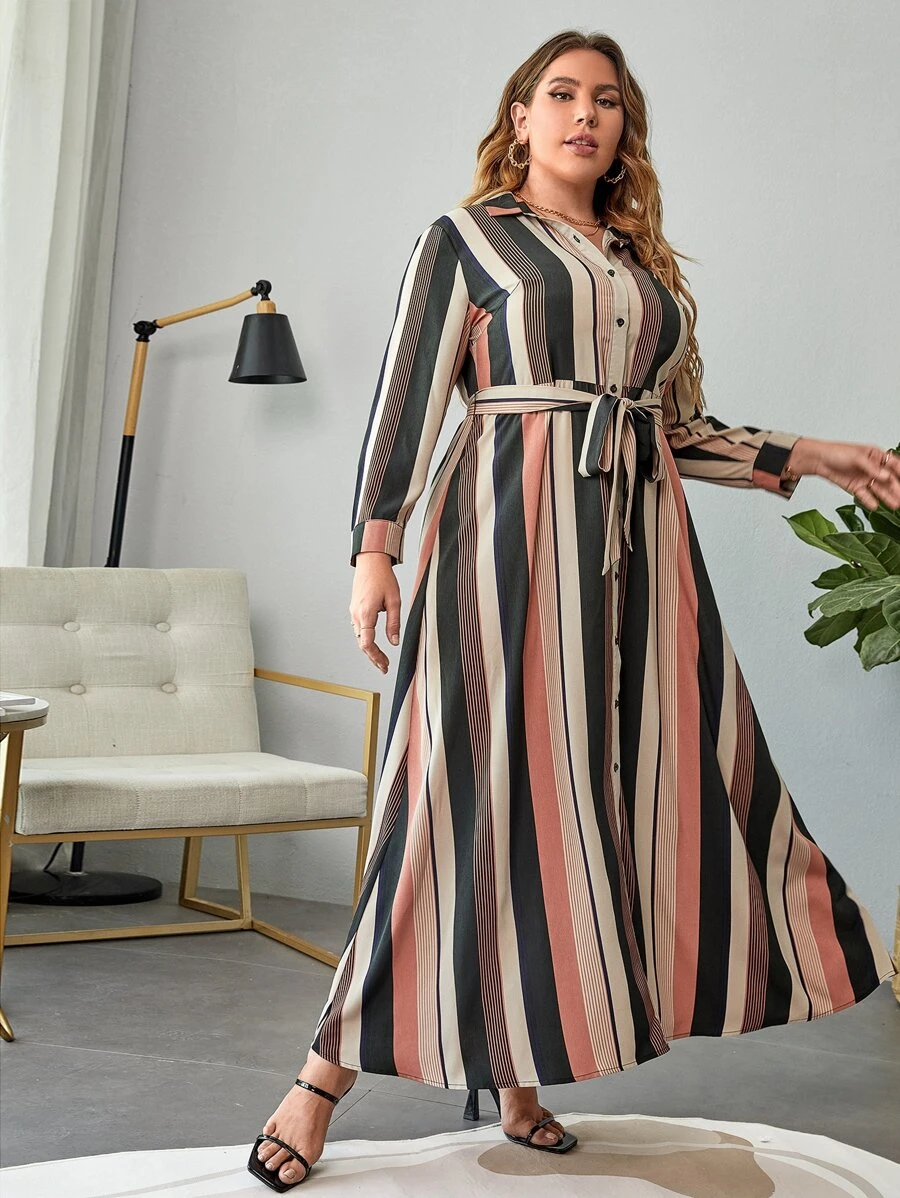 SHEIN Clasi Plus Striped Belted Shirt Dress