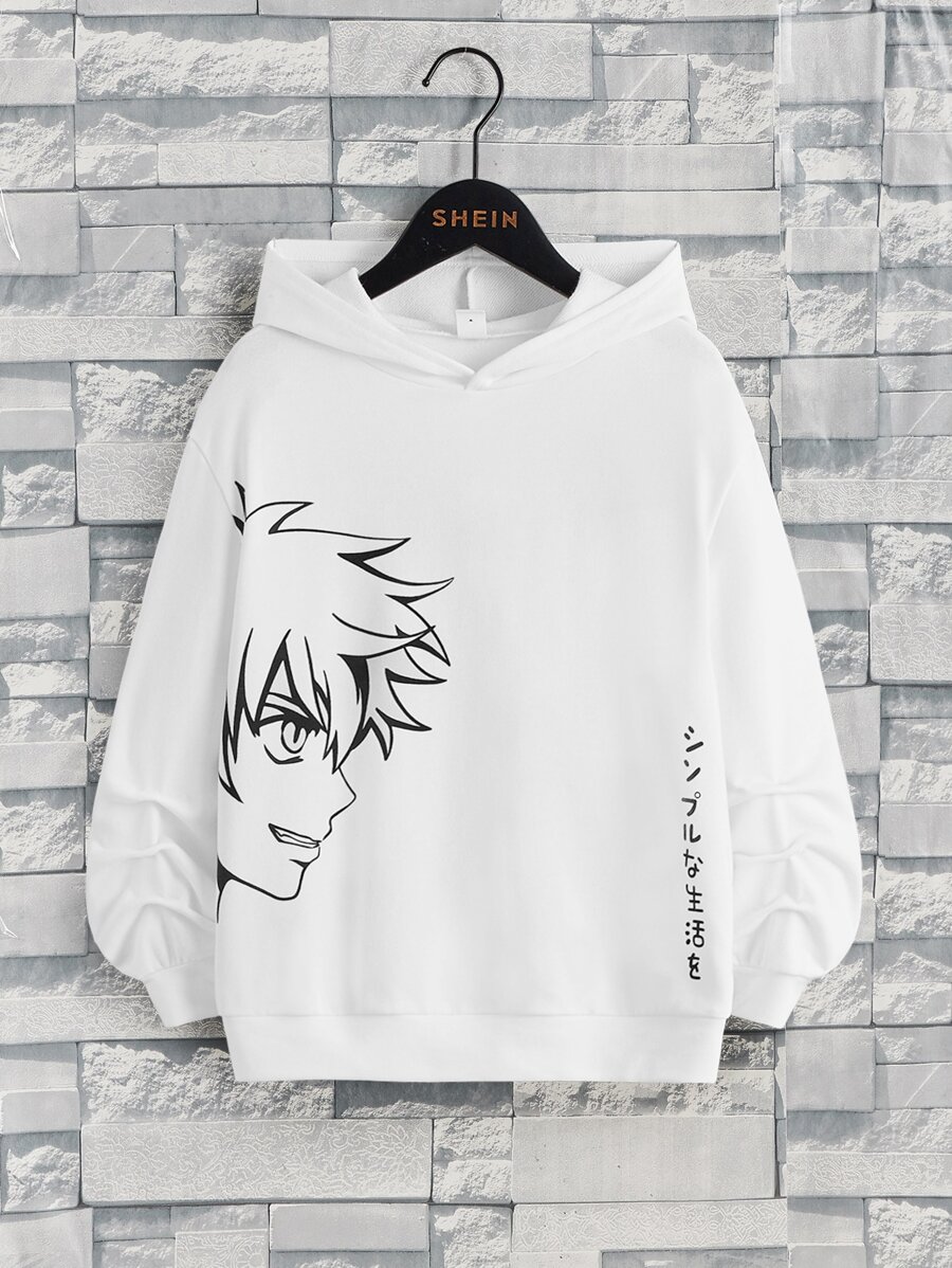 SHEIN Boys Japanese Letter & Figure Graphic Hoodie
