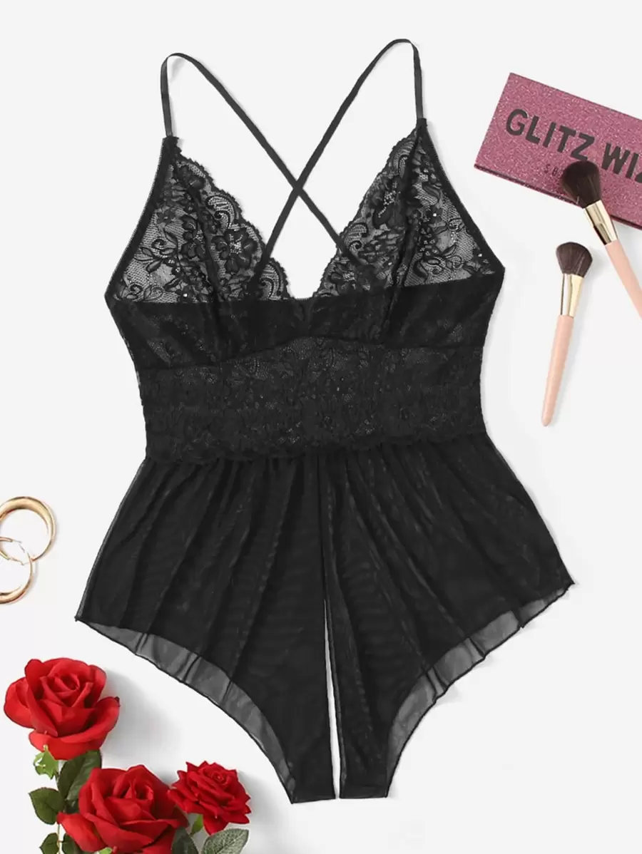 Classic Sexy Plus Cross Back Contrast Lace Crotchless Teddy Bodysuit