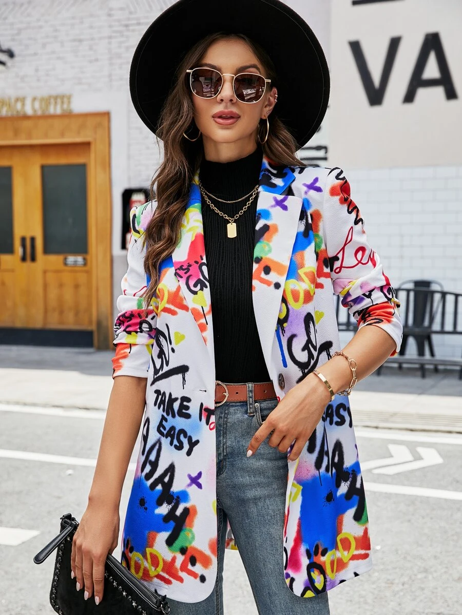 SHEIN Clasi Slogan & Graffiti Print Single Button Blazer