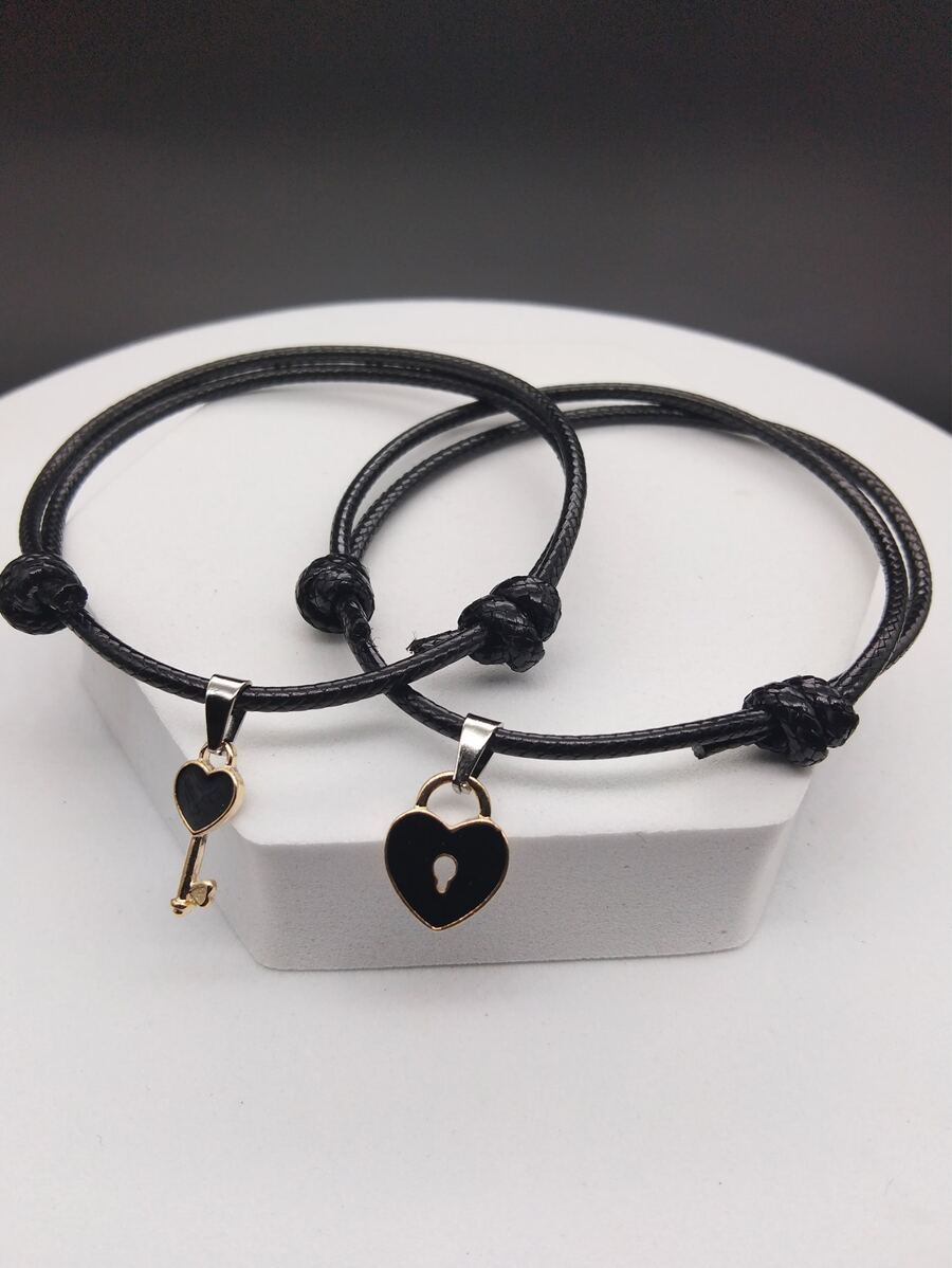 10pcs Leather & Alloy Handcrafted Black Key Lock Braided Adjustable Couple Bracelet, Unisex For Daily Wear, Gift For Holidays