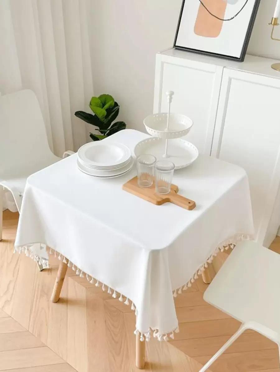 Tassel Decor Tablecloth, White Simple Table Cover For Dining Room