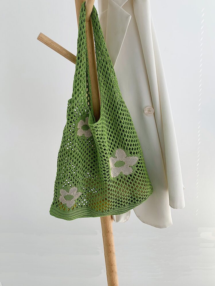 floral graphic crochet tote bag