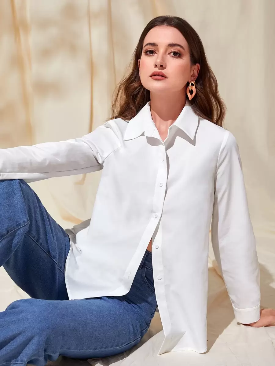 Mulvari Solid Button Front Shirt,Long Sleeve Tops
