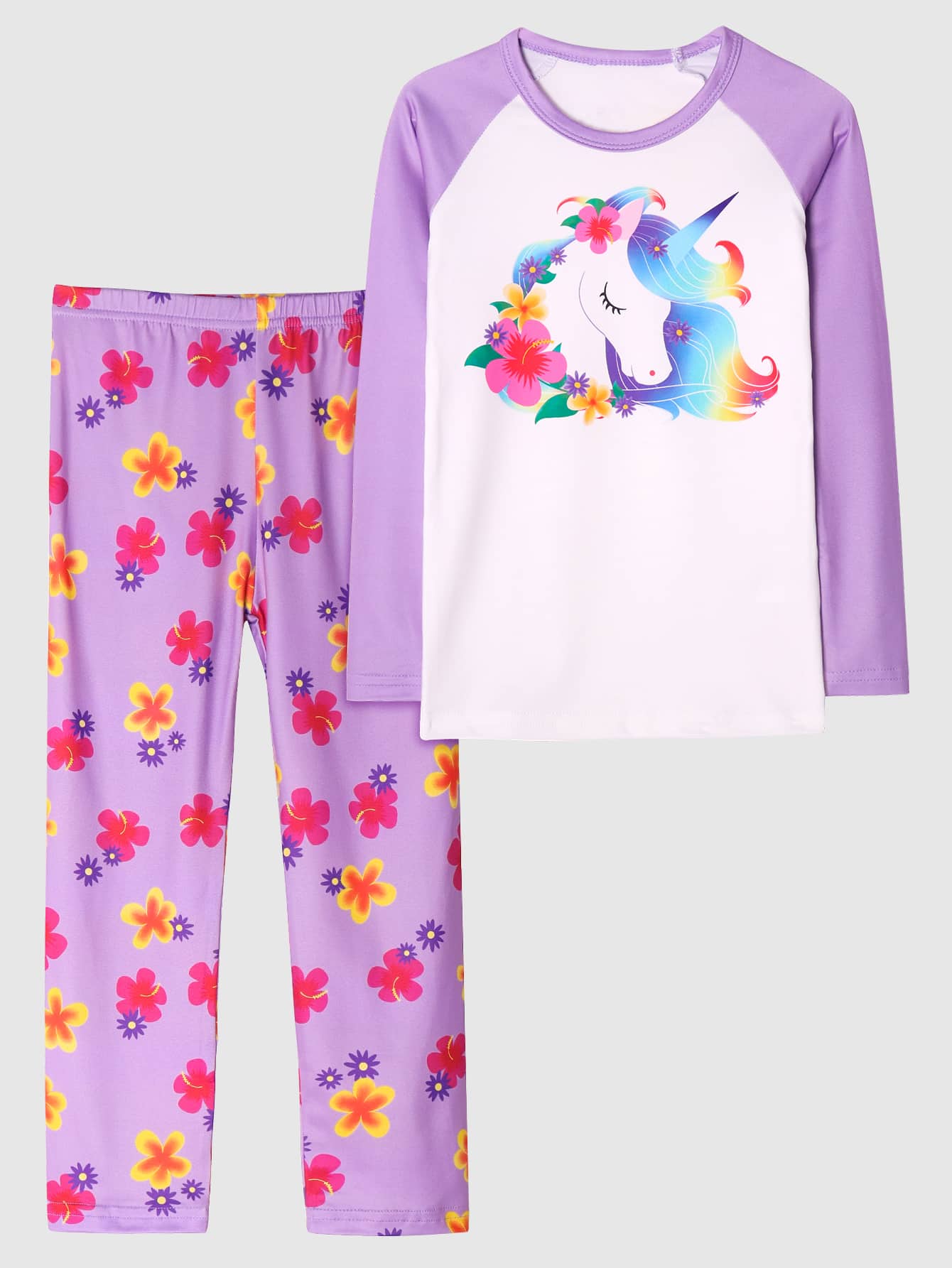 Tween Girl Unicorn Print Raglan Sleeve Top & Floral Print Pants Snug Fit Lounge Set