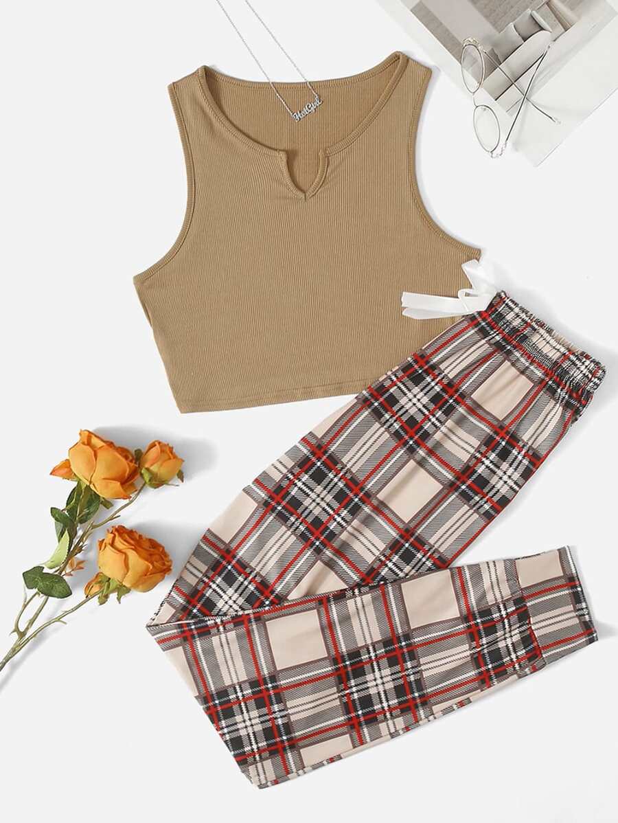 Plaid Notched Neck Tie Front PJ Set / Pajama Set