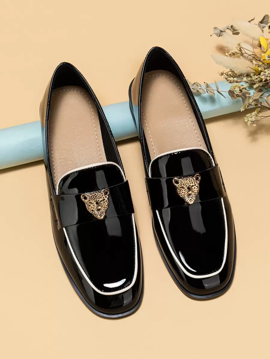 Leopard Decor Contrast Binding Square Toe Flat Loafers, Women's Black Flat Shoes With Fashion Rhinestone And Solid Pure Metallic Color Loafers Valentines