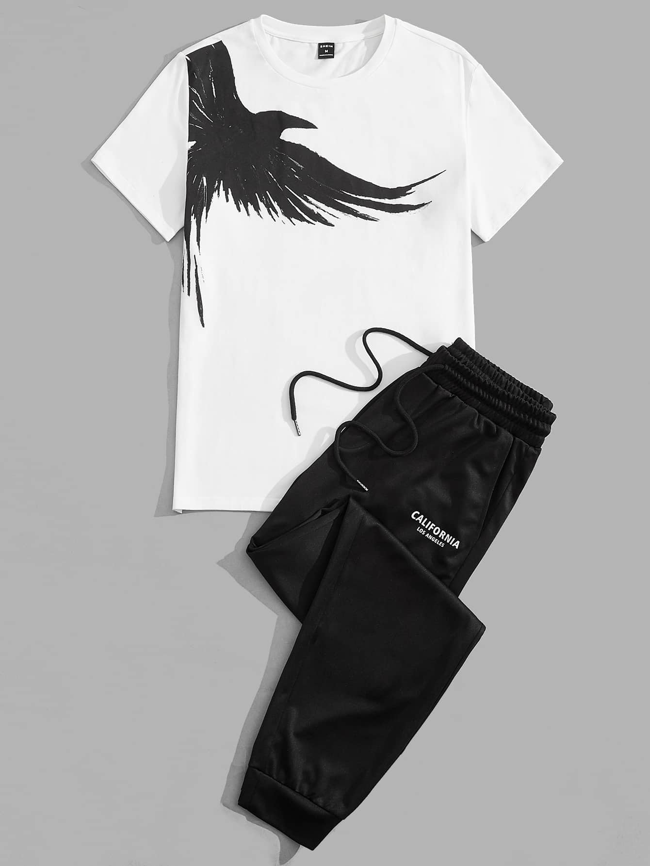Manfinity VCAY Camiseta de manga corta con gráfico de pájaros de algodón para hombre y pantalón de chándal con cordón en la cintura, para salir