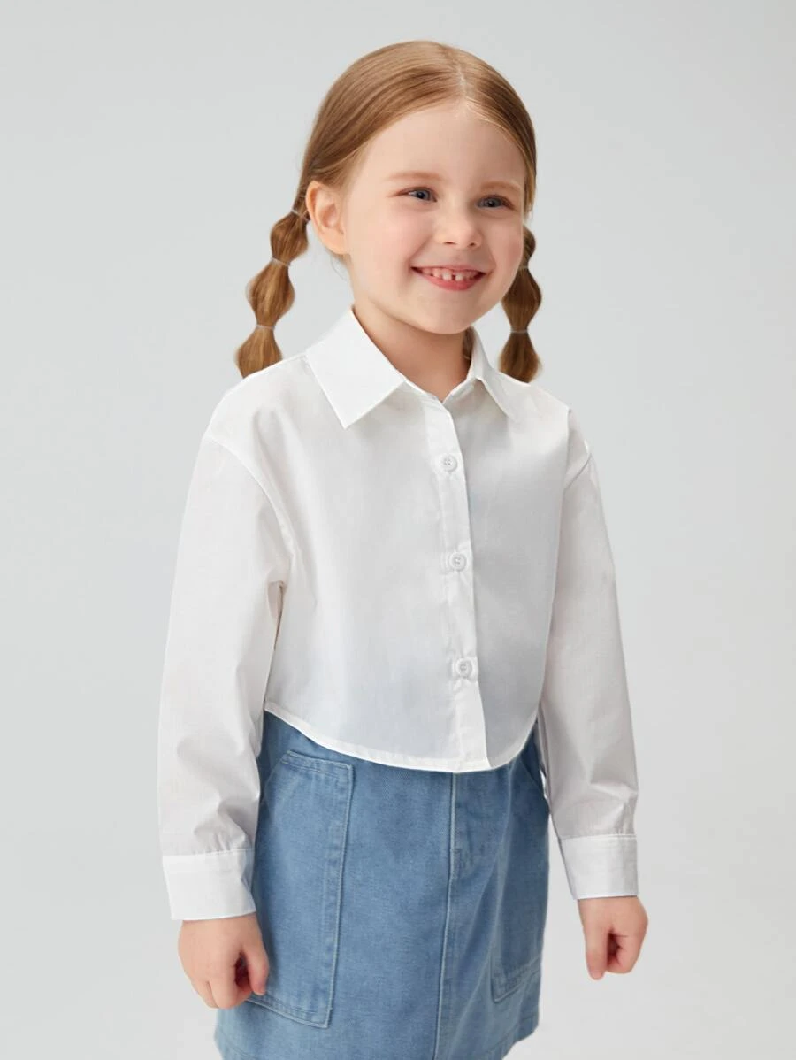 SHEIN Young Girl Versatile Solid Color Turndown Collar Dolman Sleeve Front Button Placket Shirt