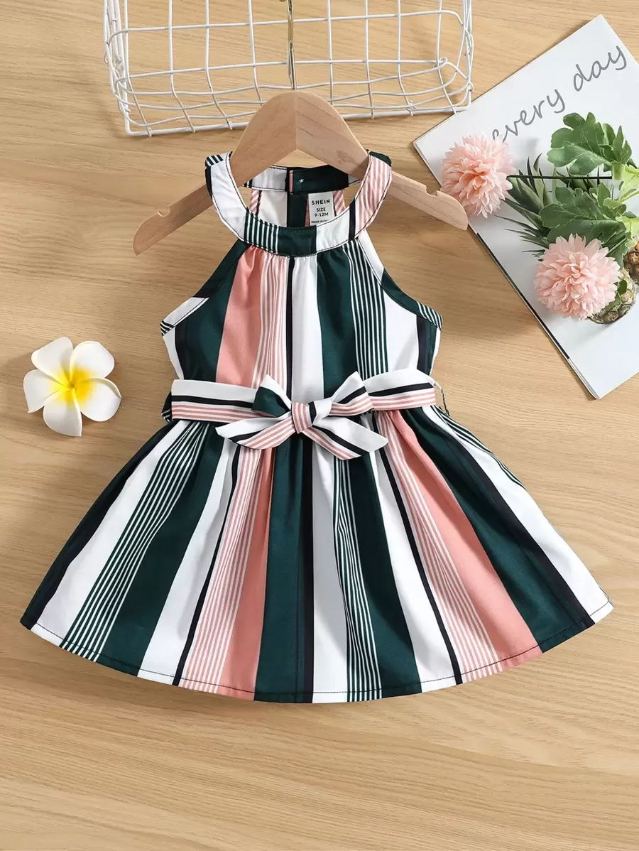 Baby Girl Colorful Striped Halter Neck Belted Dress