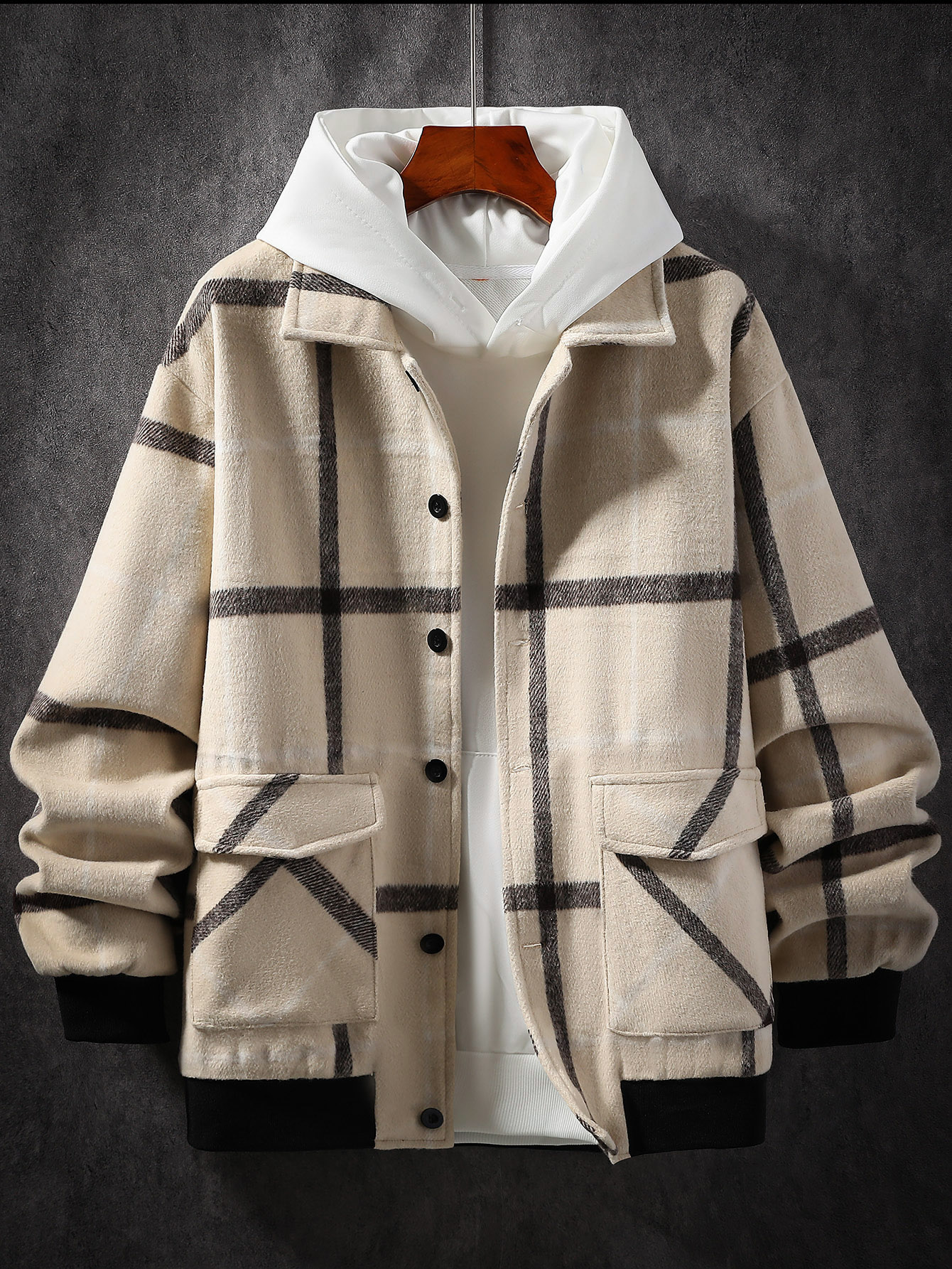 Men Plaid Print Flap Pocket Jacket Without Hoodie