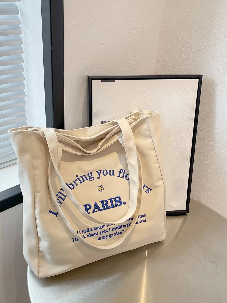 Lightweight,Business Casual Floral & Slogan Embroidery Shopper Bag School Bag For Graduate, Teen Girls, Freshman, Sophomore, Junior & Senior In College, University & High School, Perfect For Outdoors ,Travel & Back To School For Teen Girls Women College Students,Rookies & White-Collar Workers Perfect For Office,College,Work ,Business,Commute,Outdoors, Travel, Outings, Literary School Bag & Book Bag For Women Or Students, Perfect For Books, Shopping, Back To School And More