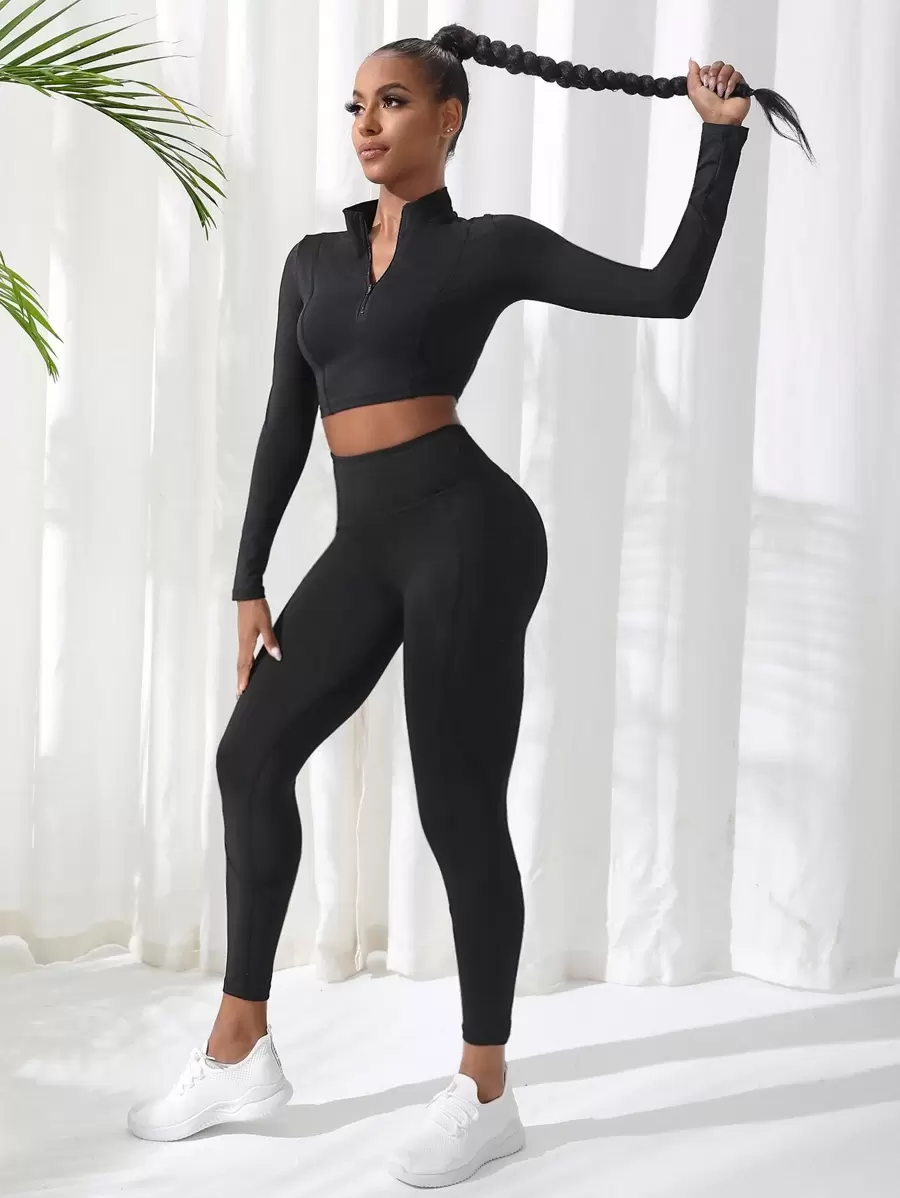 SHEIN Sport Studio 2pcs Fitness Yoga Set Sports Suit Half Zip Top Tummy Control Leggings