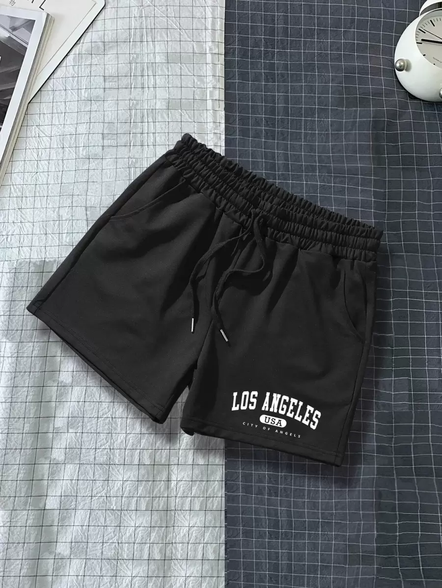 Manfinity Sporsity Heren Letter Grafisch Trekkoord Taille Shorts Zweet Los Angeles Workout Papa en ik