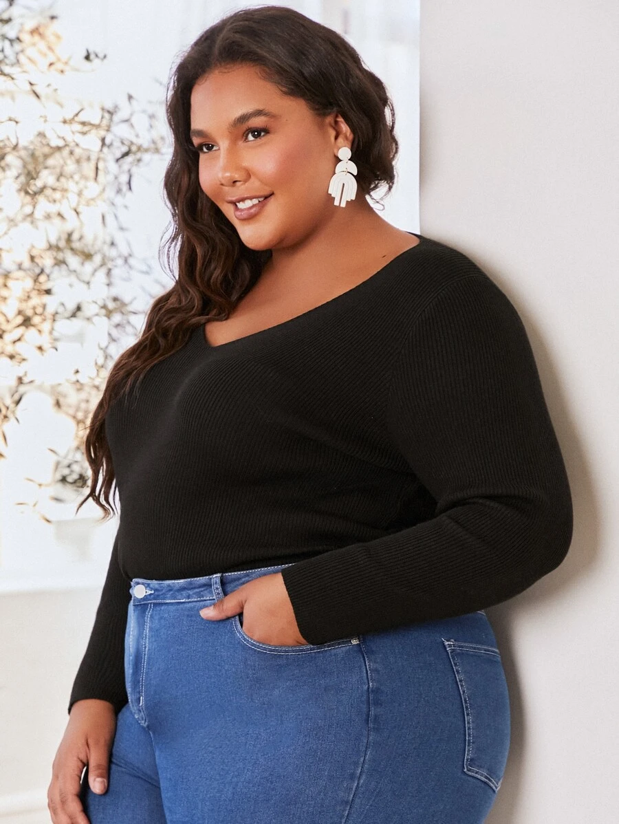 SHEIN CURVE+ Plus Rib-knit V-neck Sweater