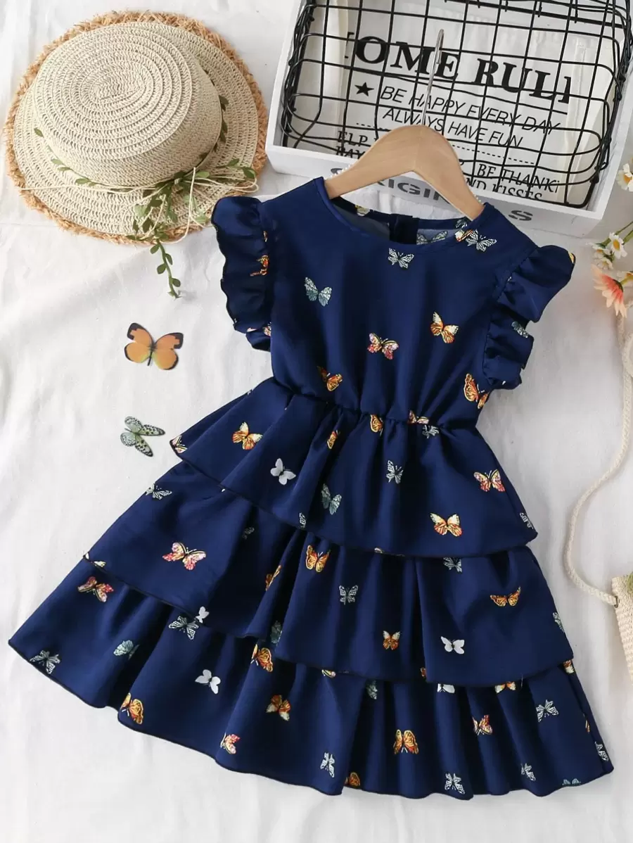 SHEIN Young Girl Elegant Butterfly Pattern Printed Layered Dress With Pleated Hem For Summer
