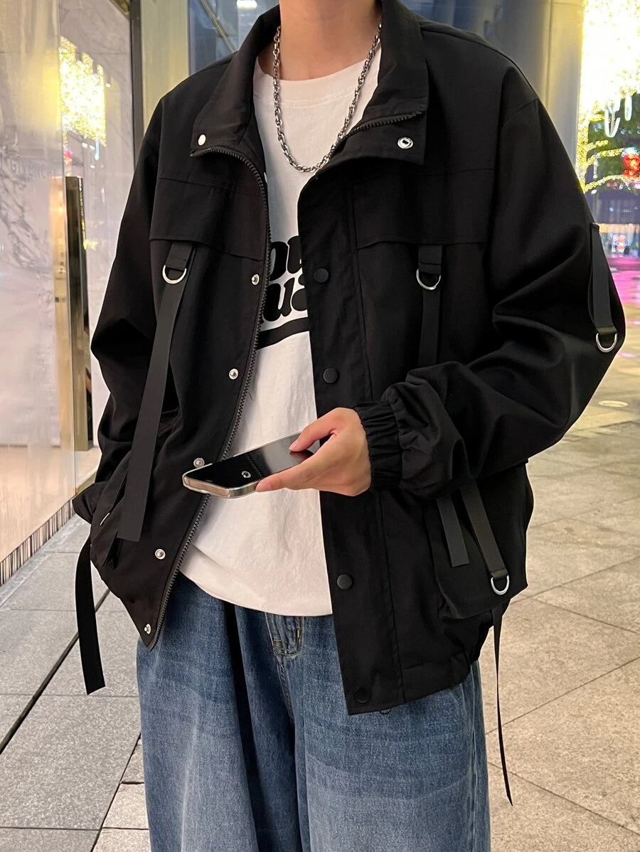 Manfinity EMRG Loose Fit Men's Buckled Flap Pocket Drop Shoulder Rave Jacket, Plain, Long Sleeve, Going Out, Friends, Thin Jacket