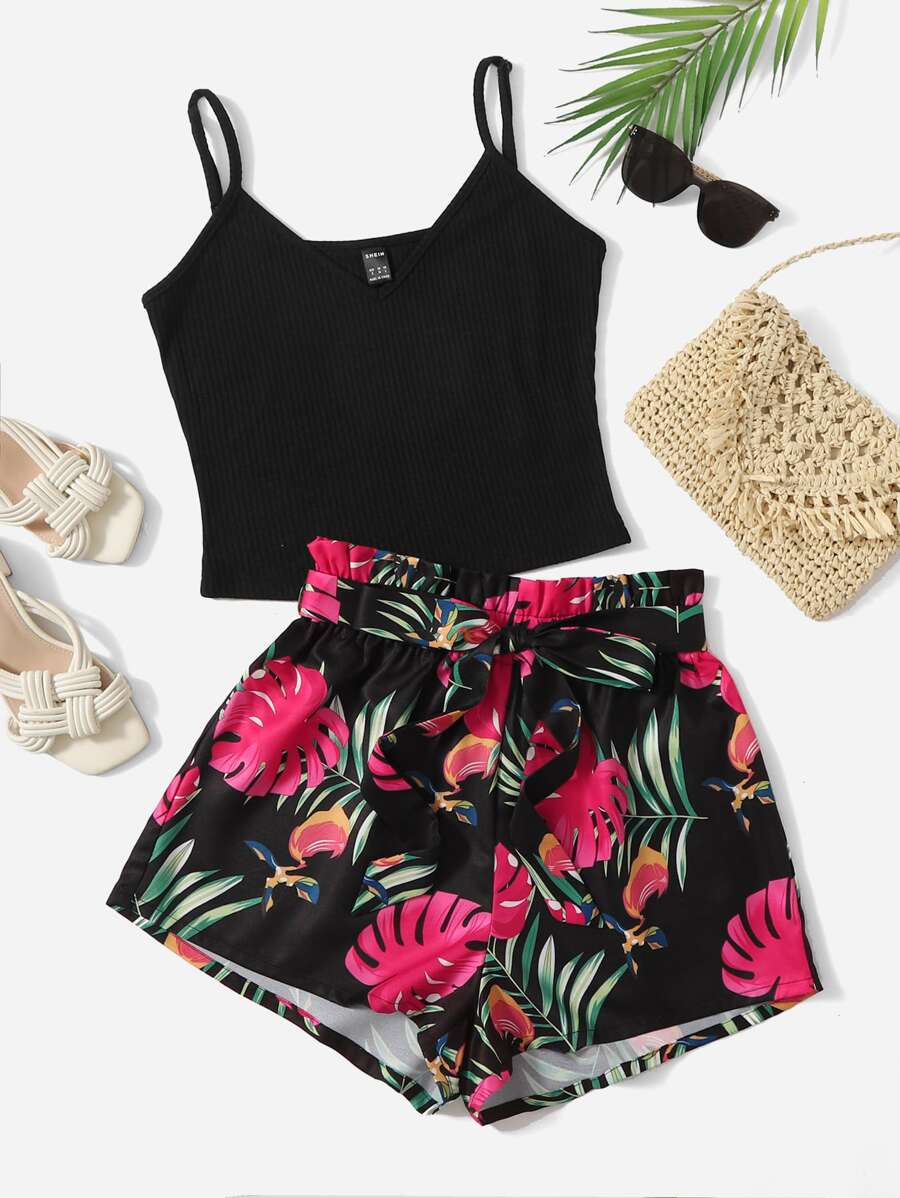 SHEIN VCAY Rib-Knit Cami Top & Belted Tropical Shorts Two Piece Set