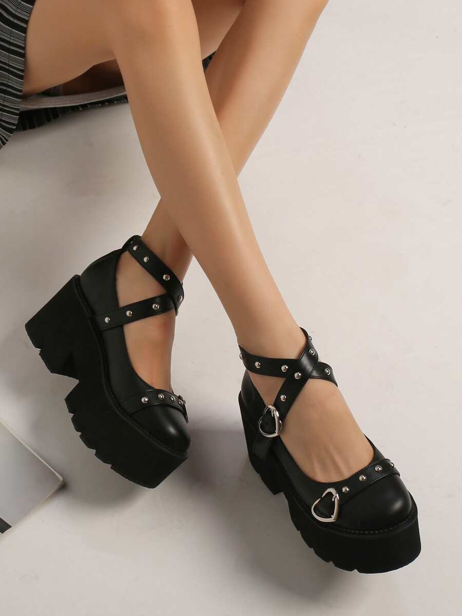 Criss Cross Heart & Studded Decor Platform Mary Jane Shoes Valentines