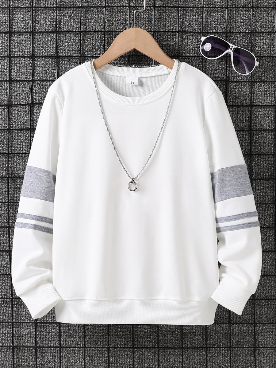 SHEIN Tween Boy College Style Round Neck Long Sleeve Sweatshirt With Contrast Striped Sleeves, Daily Casual Wear
