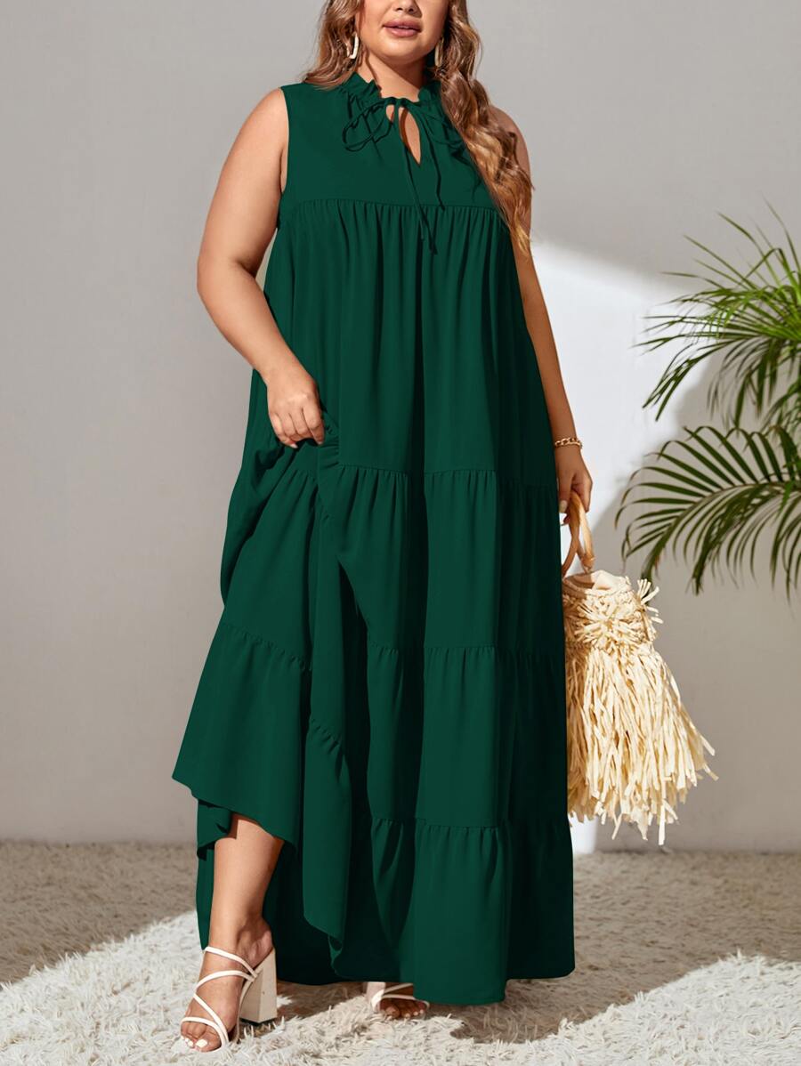 SHEIN LUNE Plus Tie Neck Ruffle Hem Smock Dress